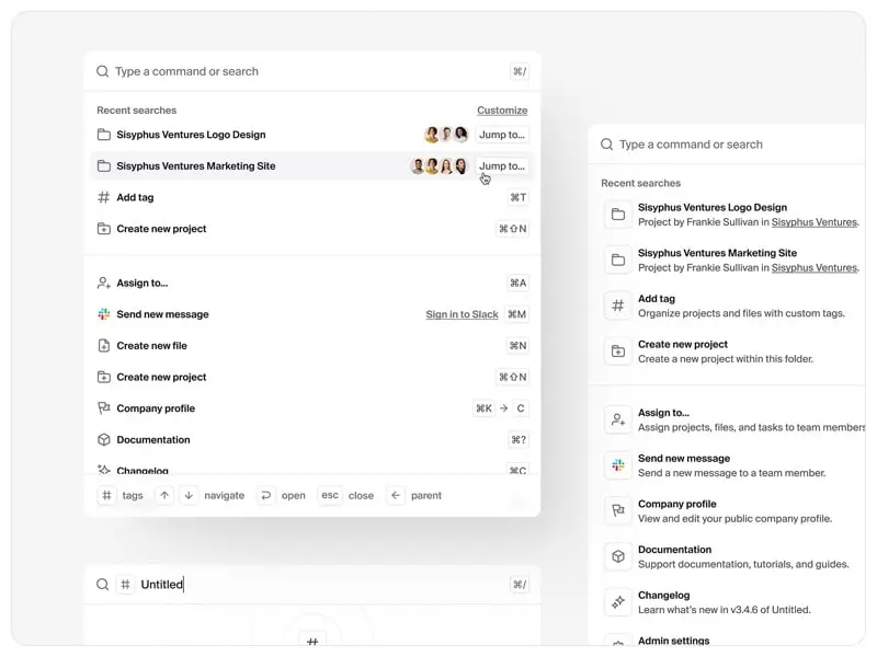 Two command menus listing recent searches and quick actions