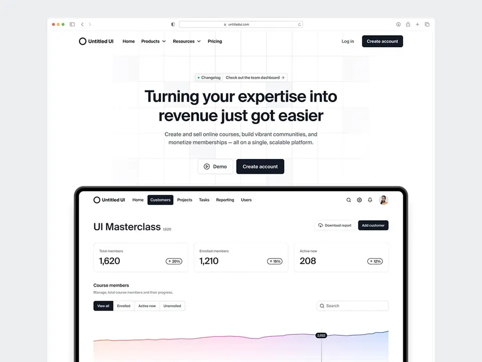 A course landing page in a browser window, its dashboard on a laptop below the headline