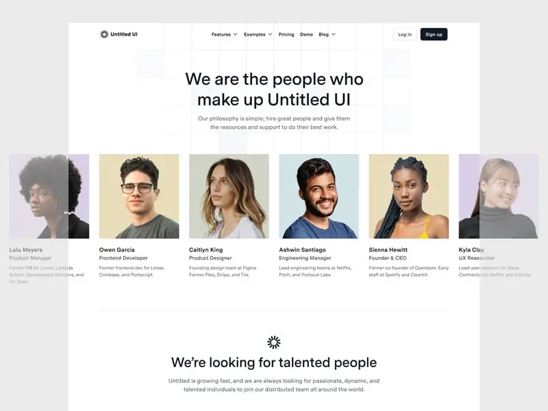 An about page with a row of team portraits under the headline