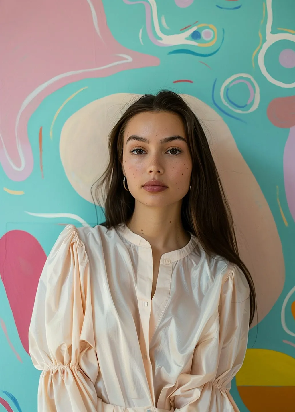 A woman in a pale silk blouse in front of a painted wall of pink, teal and cream swirls.
