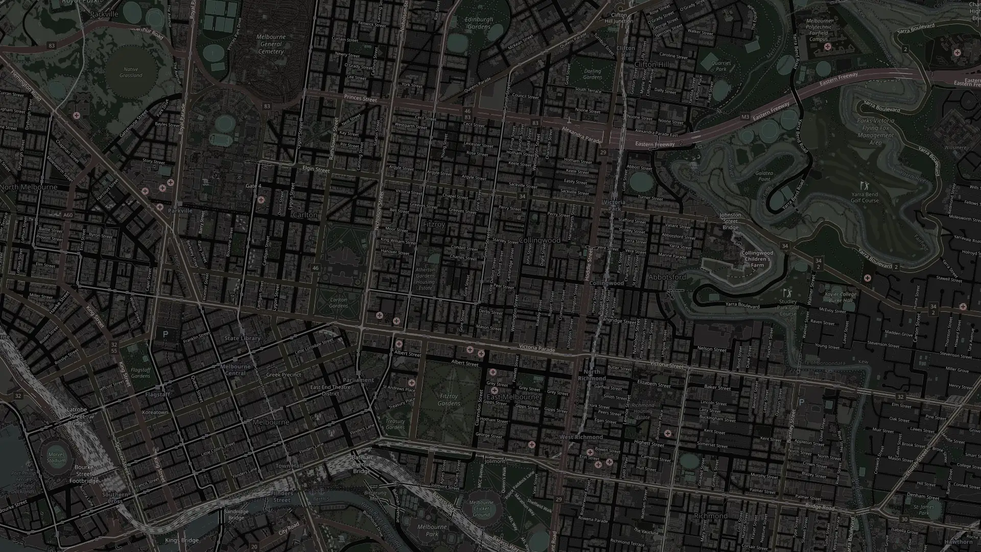 Street map of Collingwood and the Melbourne CBD, with a pin on the DrumKit studio at 100 Smith Street, Collingwood VIC 3066.