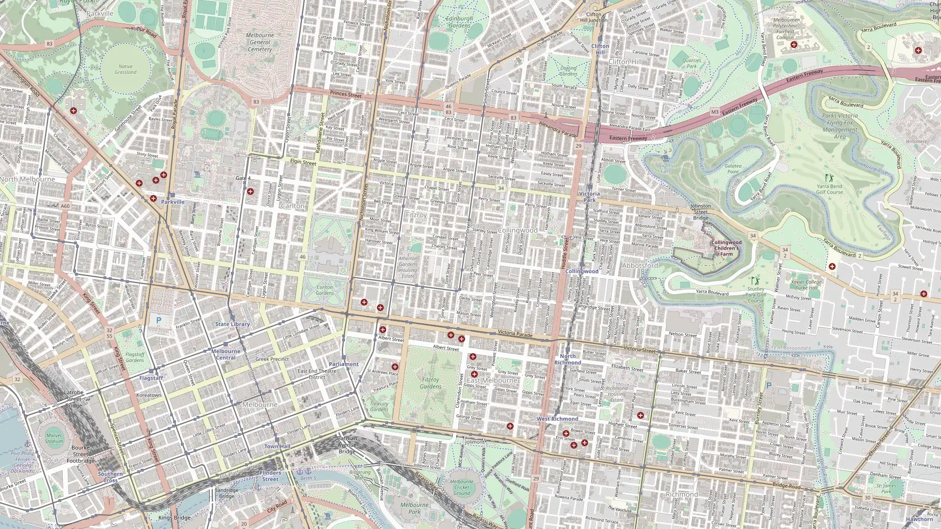 Street map of Collingwood and the Melbourne CBD, with a pin on the DrumKit studio at 100 Smith Street, Collingwood VIC 3066.
