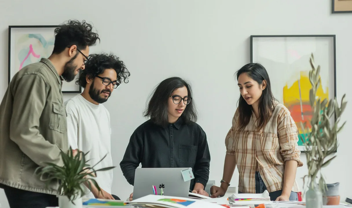 Four colleagues around a laptop on a studio table, talking through a design.